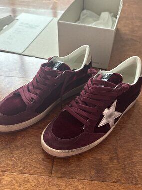 Golden Goose Women's Ballstar Velvet Embellished Sneakers Size 37 Burgundy Silve